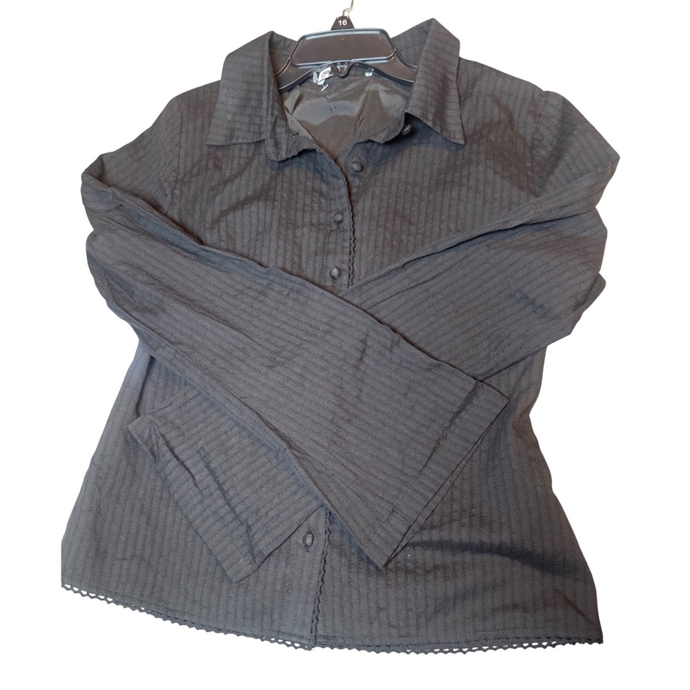 Princess Polly Black Pinstripe Lace Trim Button Down Shirt US 8 Textured Cotton - Picture 5 of 7